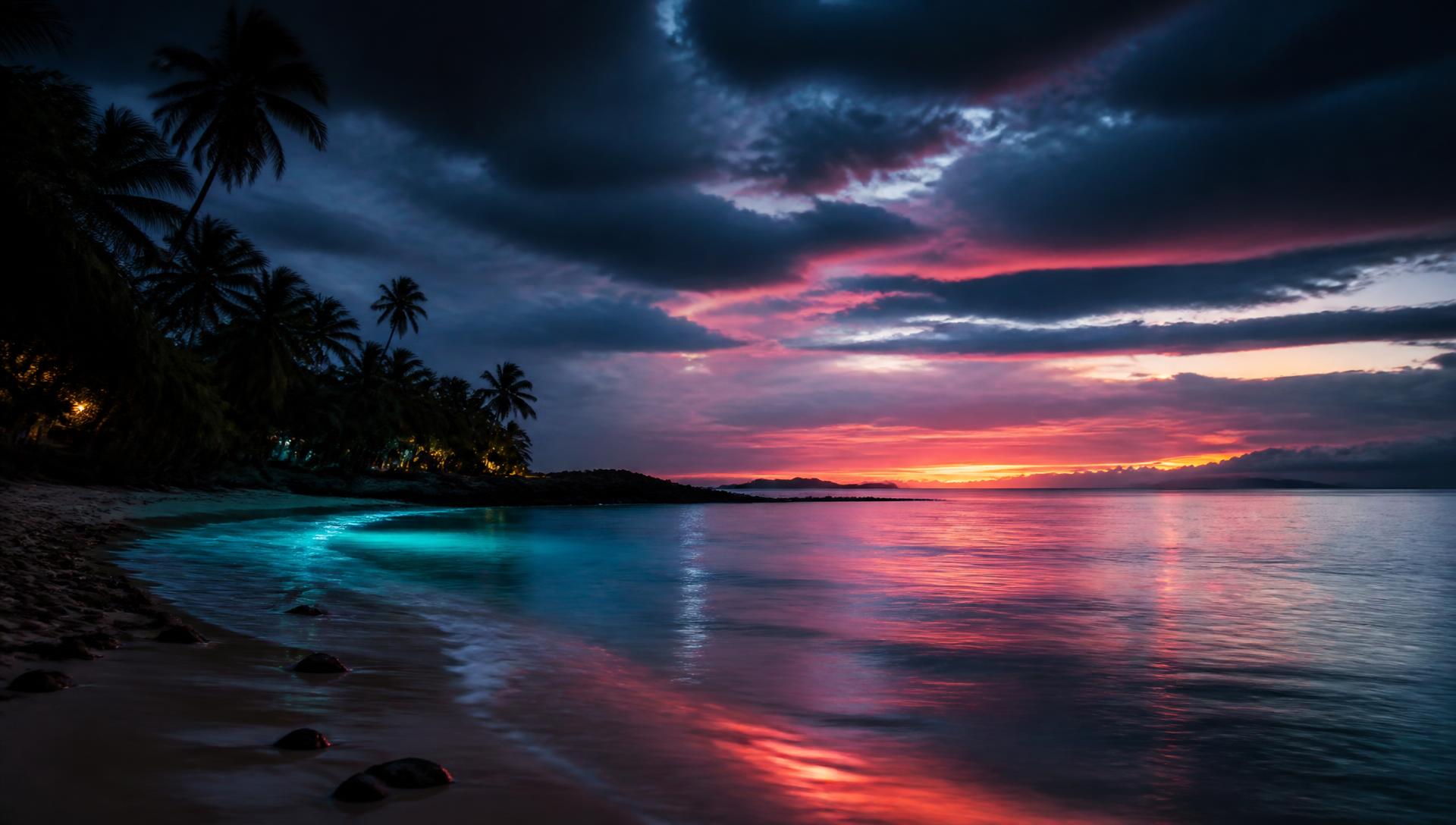 Tropisk strand vid skymning med neonreflexer i vattnet, palmer och horisont